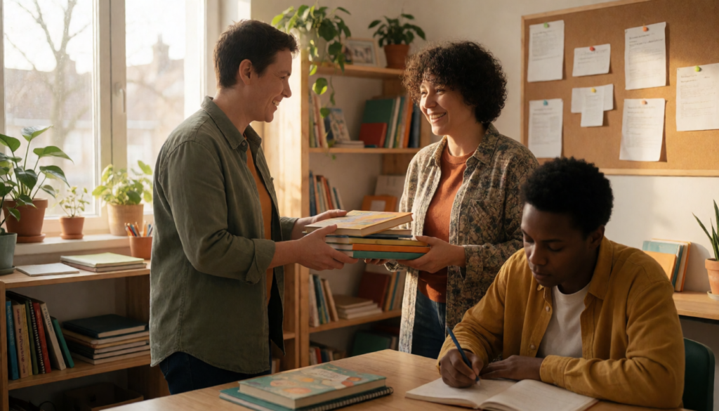 Person donating books and supporting community learning